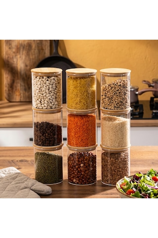 Porsima 1-3 Bambu Vakumlu Kapaklı Yuvarlak Borosilikat Cam 9lu Kavanoz Seti Saklama Kabı 750ml 10x12cm