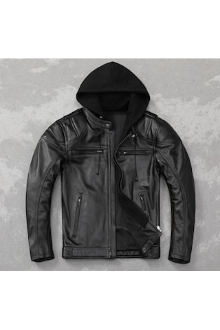 Polar Kapüşonlu Hakiki Deri Mont Siyah