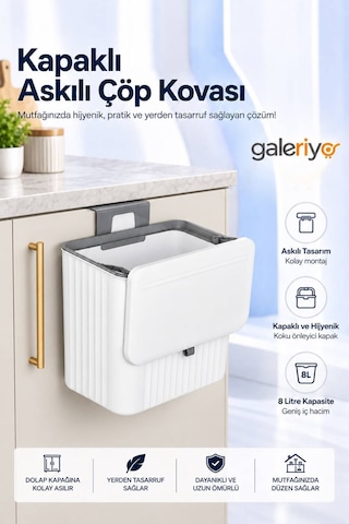 8 Litre Mutfak Tezgah Üstü Ve Dolap Askılı Çöp Kovası Kapaklı Pratik Atık Kovası Beyaz - Gri
