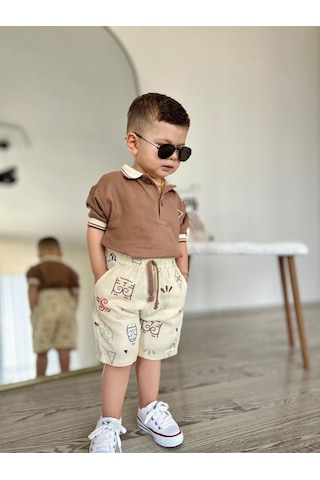 Miniğimin Cicileri Müslim Lacost Yaka Şortlu Etnik Desen Erkek 2 Li Takım - Kahverengi Kahverengi