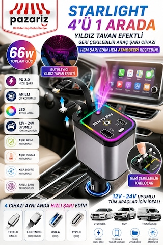 66w 4 Ü 1 Arada Starry Sky Araç Şarj Cihazı Geri Çekilebilir Type-c & Lightning Kablo, Usb-a, Pd 3.0 Hızlı Şarj, Rgb Led Yıldız Tavan Projektörü, 12v-24v Uyumlu Çoklu Şarj Adaptörü