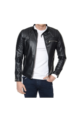 Oliggopol Erkek Slim Fit İç Cepli Tek Fermuarlı Deri Mont Ceket Siyah