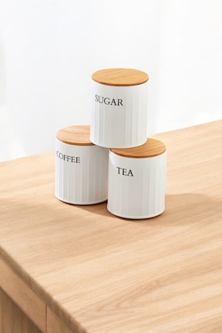 3 Lü Ahşap Kapaklı Metal Saklama Kutusu Çay Kahve Şeker Kavanoz Saklama Kabı Beyaz
