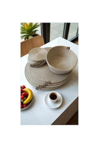Kaan Home 13 Parça El Dokuma Kahvaltı Seti - 6 Supla 6 Çay Altı 1 Ekmek Sepeti Vegan Sunum Krem
