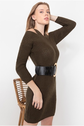 Aqe Fashion Kadın Haki Omuz Detaylı Elbise Haki