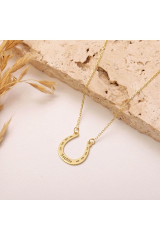 925 Ayar Gümüş İsimli Şans Sembolü Nal Kolye Gold