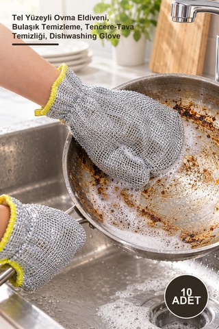 10 Adet Telli Bulaşık Eldiveni Tel Yüzeyli Ovma Eldiveni, Bulaşık Temizleme, Tencere-tava Temizliği, Dishwashing Glove