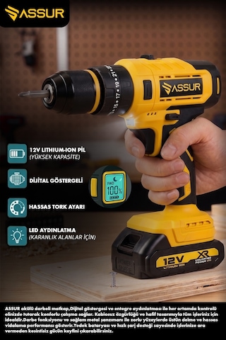 Assur ASR232 12V Çift Akü Dijital Göstergeli Akülü Vidalama Sarı