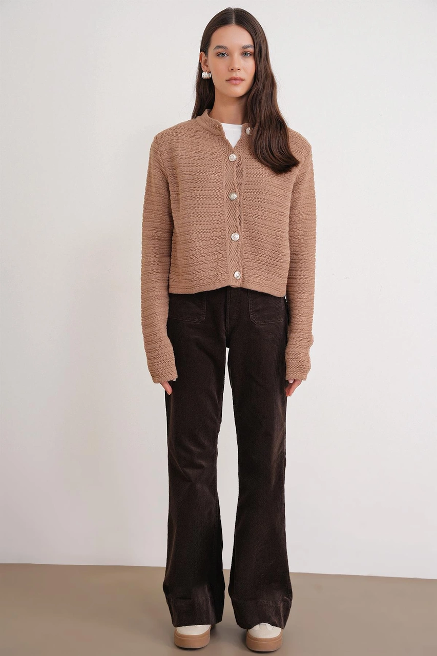 6778 Kadın Links Desenli Crop Triko Hırka Camel Camel