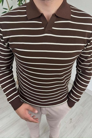 Explode - Erkek Kahve Çizgili Polo Yaka Oversize Triko Kazak Kahverengi