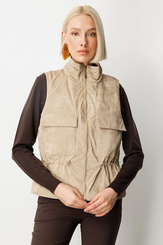 On Fashion Cepli Dik Yaka Kadın Bej Yelek 60998 Bej