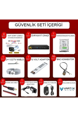 8 Kameralı Gece Renkli 5mp Lensli 1080p Fullhd Kamera Seti