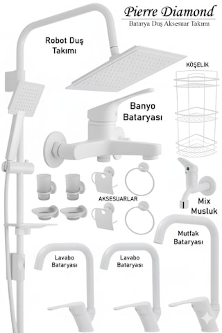 8962 Mutfak Lavabo Banyo Bataryası Robot Duş Takımı Köşe Borulu Musluk Armatür Siyah Beyaz Krom Renkler Beyaz