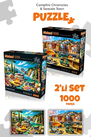 2 Adet 1000 Parça Puzzle - Kamp Ateşi Orman Manzarası Ve Sahil Kasabası Manzarası Yapboz 68x48 Cm
