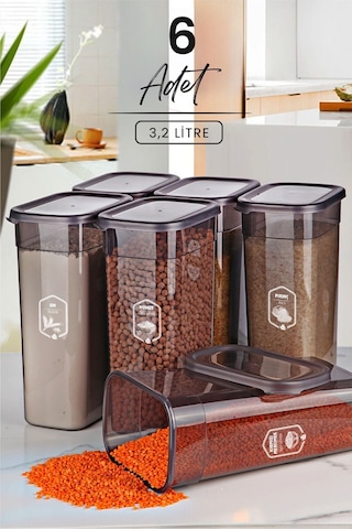 Kitchen Life 6'lı Mega Boy Etiketli Dikdörtgen Erzak Saklama Kabı Seti 3200ml Çay Şeker Saklama Kabı 3.2 Litre Antrasit