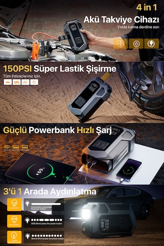 4 İn 1 Şarjlı Akü Takviye Cihazı 16.000 Mah Akım Koruma Güçlü Seri Lastik Şişirme, Led Fener