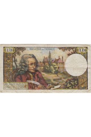 Fransa 10 Frank 1973 Voltaire Temalı. Alt Kenarda 1 Cm Yırtık Var Çok Temiz.