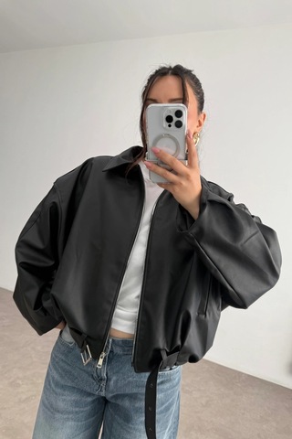 Pop Story Kadın Oversize Bomber Premium Deri Ceket Kemerli Siyah Siyah