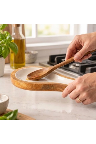 Mango Ağacı Yatay Kaşıklık 25 X 12 Cm, Parlak Krem İç Yüzeyli Ahşap Kaşık Altlığı, Kepçe, Spatula Ve Servis Gereçleri İçin Mutfak Tezgâhı Düzenleyici Çok Renkli
