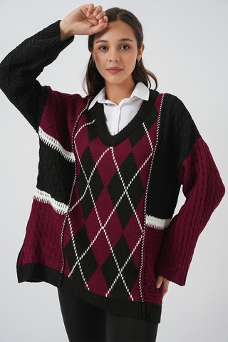 Bigdart Kadın V Yaka Desenli Triko Kazak 15933 - Bordo
