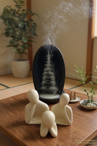 Tütsü Şelalesi Standı & Aile Figürü Biblo 4'lü Set Alçı Zen Meditasyon Dekor Minimalist