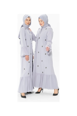 Düğmeli Taşlı Gri Ferace 3007-1
