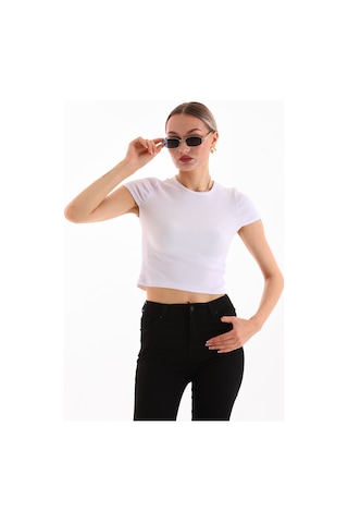 Kadın Likralı Kısa Kol Crop Bluz BEYAZ