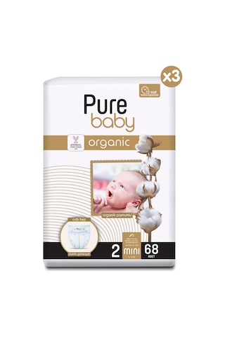 Pure Baby Organik Pamuklu Cırtlı Bez 3'lü Paket 2 Numara Mini 204 Adet 3'lü