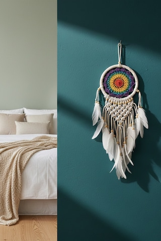 El Yapımı Rengarenk Desenli Ahşap Boncuklu Örgülü Makrome Ev Bohem Duvar Dekorasyonu Dream Catcher
