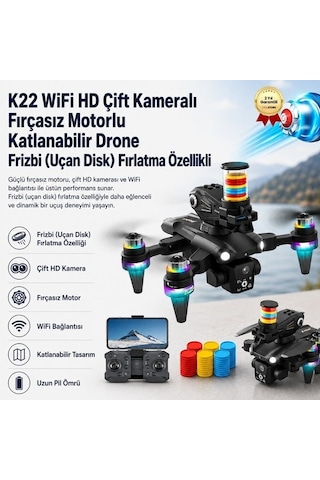 K22 Wifi Hd Çift Kameralı Fırçasız Motorlu Katlanabilir Drone Frizbi Uçan Disk Fırlatma Özellikli-1692