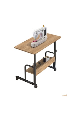 Yükseklik Ayarlı Raflı Dikiş Makinesi Sehpası- Çam Frenli Teker