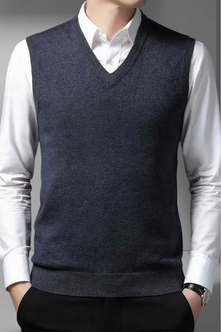 Tezzgelsin Erkek V Yaka Triko Tüylenmez Süveter Erkek Slim Fit Süveter Koyu Füme