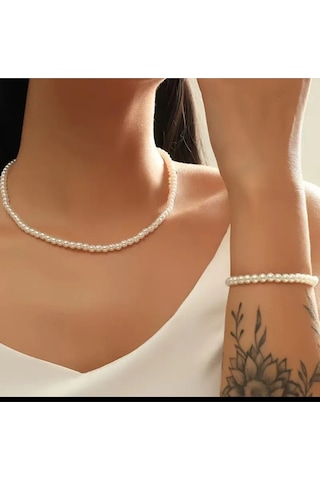 Sade Şık İnci Kolye Bileklik Set Beyaz