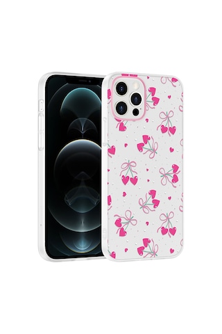 Apple iPhone Uyumlu 12 Kılıf Kamera Korumalı Desenli Zore Klip Kapak - Kalpli Kiraz -