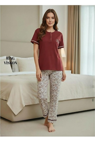 Mihra Kadın Ring Viskon Düğmeli Yaka Kısa Kol Likralı Pijama Takımı 40112bo - 1 Adet Bordo