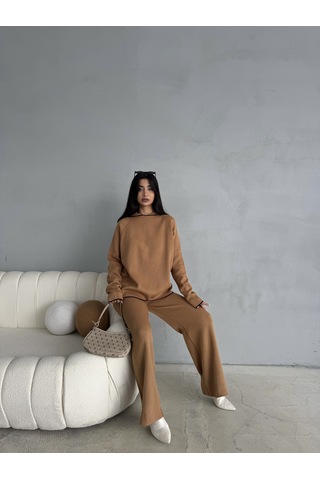 Kadın Kapüşonlu Çizgi Detaylı Triko Alt-üst Takım Camel