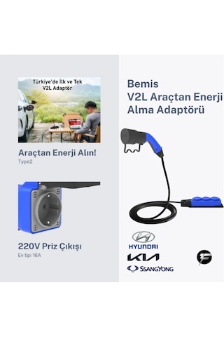 Bemis V2l Vehicle To Load Elektrikli Araç Uyumlu 3 Lü Priz Uzatma Adaptörü 3 M Hyundai / Kia / Ssangyong 16 A - 3,5kw
