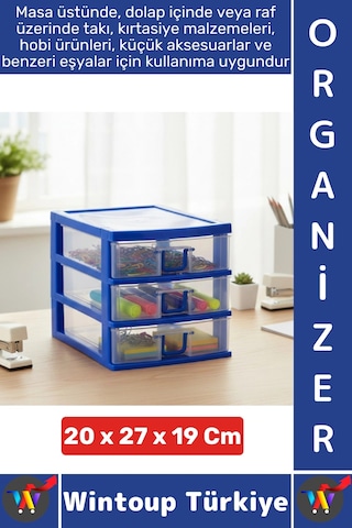 Takıorganizer Dayanıklı Plastik Masa Üstü Dolap Raf Küçük Eşya 3 Çekmeceli Komidin Mini Organizer Çok Renkli