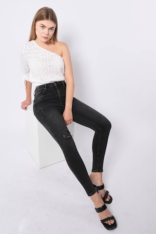 Kadın Antrasit Dizi Yırtık Süper Skinny Fit Jean Pantolon 001