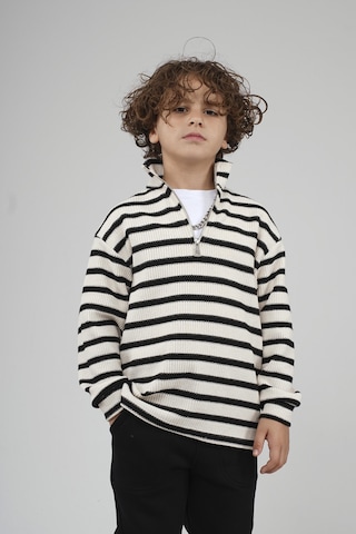 King-Brich Kingbrich Kids Oversize Kalıp Çizgili Yakası Fermuarlı Sweatshirt SIYAH
