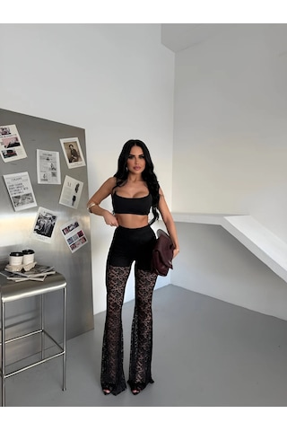 Havens Lace Kabartmalı İspanyol Paça Pantolon Siyah