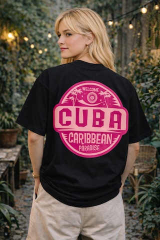 Camblys Cuba Sırt Baskılı Oversize Kalın Kumaş Bol Kalıp Unisex T-shirt Siyah
