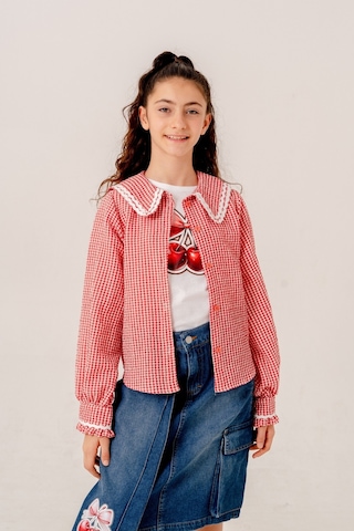 Kız Çocuk Su Taşlı Gömlek T-shirt İkili Takım 1805 Kırmızı