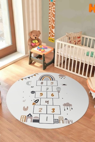 Ayda Oyun Var: Seksek Desenli Eğlenceli Yuvarlak Çocuk Halısı - Kaymaz Taban Krem