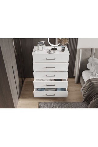Şifonyer Beş Çekmeceli Aynalı Parlak Beyaz Beyaz