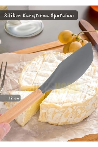 Silikon Karıştırma Spatulası Mutfak Kaşığı Pasta Spatulası Sıyırma Spatula Ahşap Saplı 32 Cm Gri