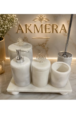 Osmanlı Motifli Dikdörgen Tepsi 6 Parça Banyo Seti Beyaz