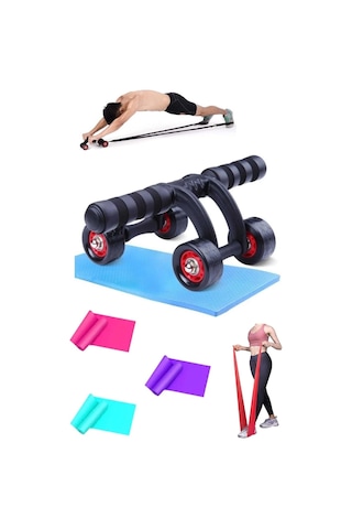 2'li Set Tekerlekli Karın Göğüs Kol Omuz Kası Egzersiz Spor Güç Aleti 3lü Pilates Bandı Seti