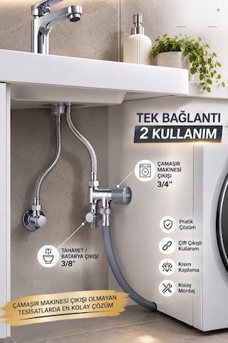 Cisa Çift Çıkışlı Ara Musluk 3/4" X 3/8" Çamaşır Makinesi Ve Taharet Musluğu Bağlantısı Krom Hat Alma