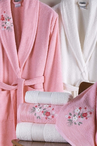 Newhome Mimoza 6 Parça Kutulu %100 Pamuk Aile Bornoz Seti Pembe/krem Karışık